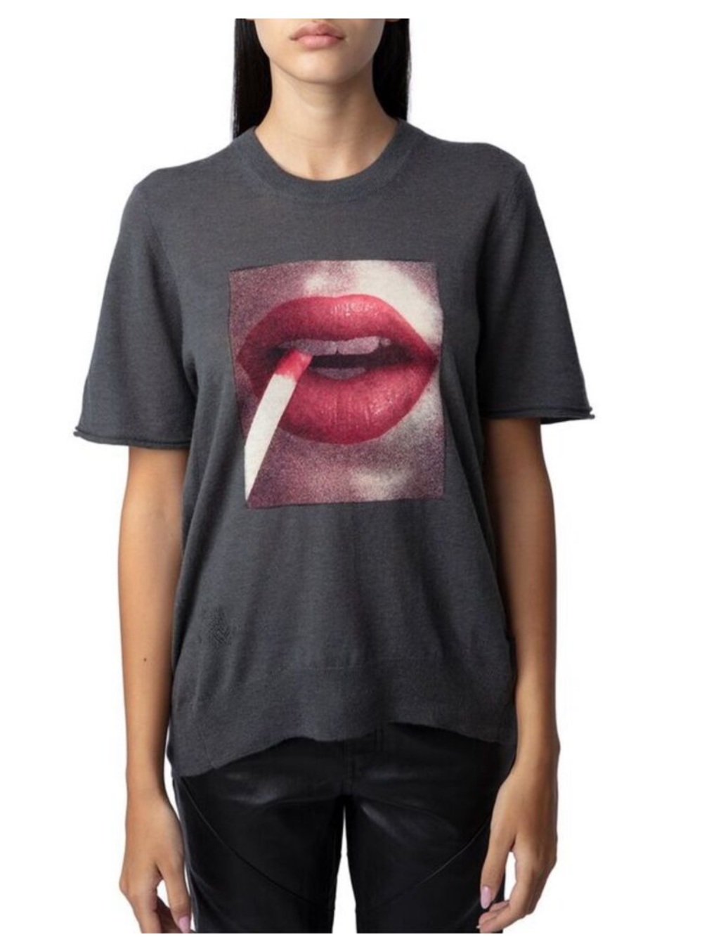 Zadig & Voltaire Charcoal Crewneck Sweater with Red Lip Graphic